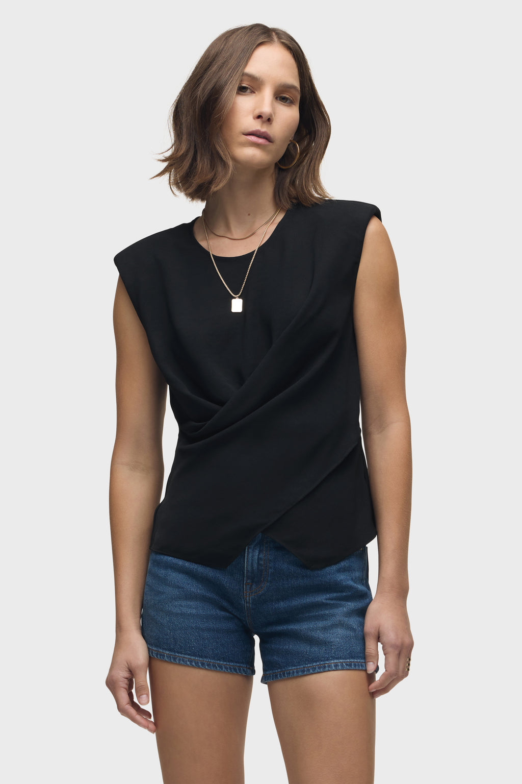 Shoulder Padded Wrap Sleeveless Tee