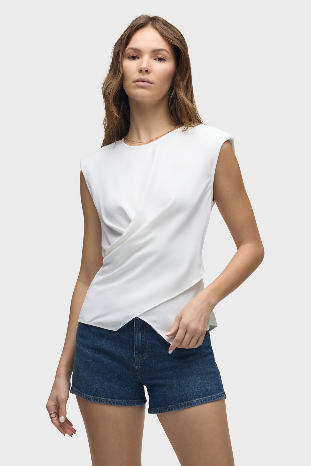 Shoulder Padded Wrap Sleeveless Tee