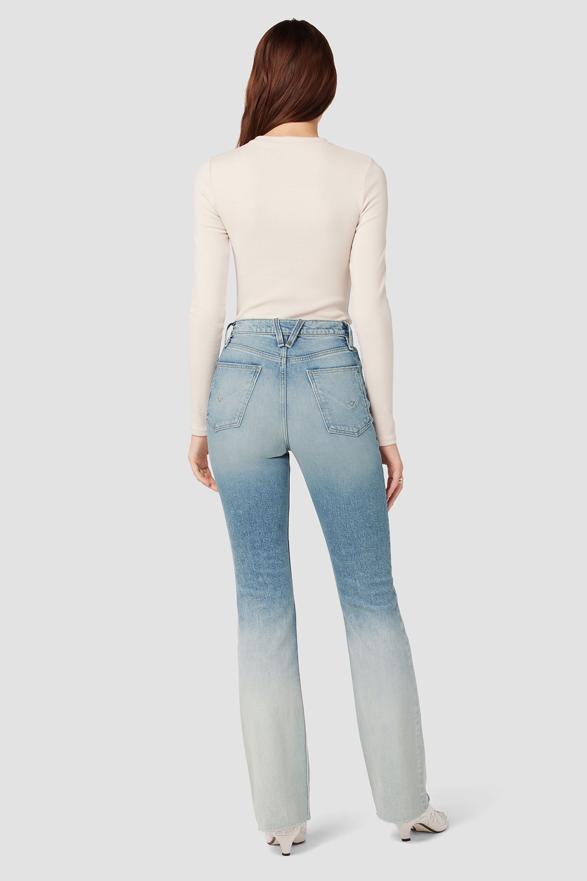 Petite Light Blue Wash Dip Front Low Rise Flared Jeans